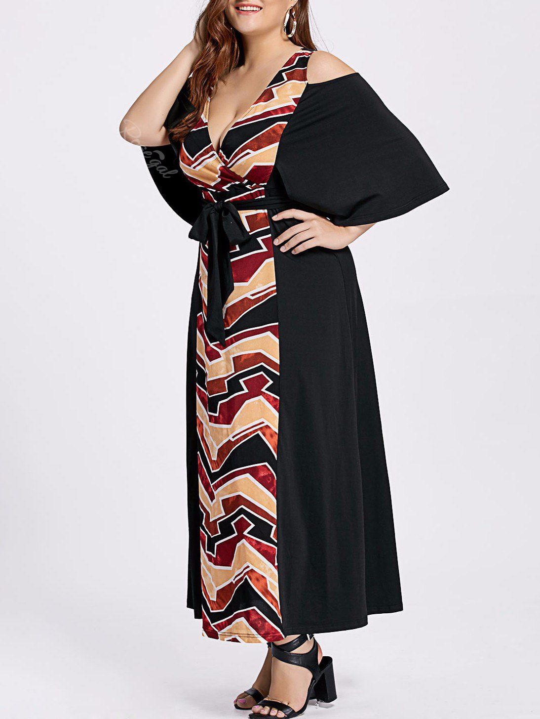 Open Shoulder Plus Size Ankle Length Dress, Black