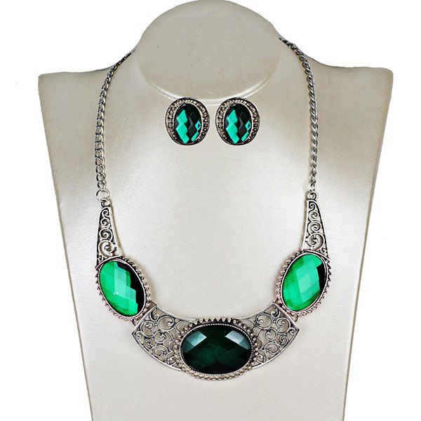 

Faux Gemstone Oval Necklace with Earring Set, Green