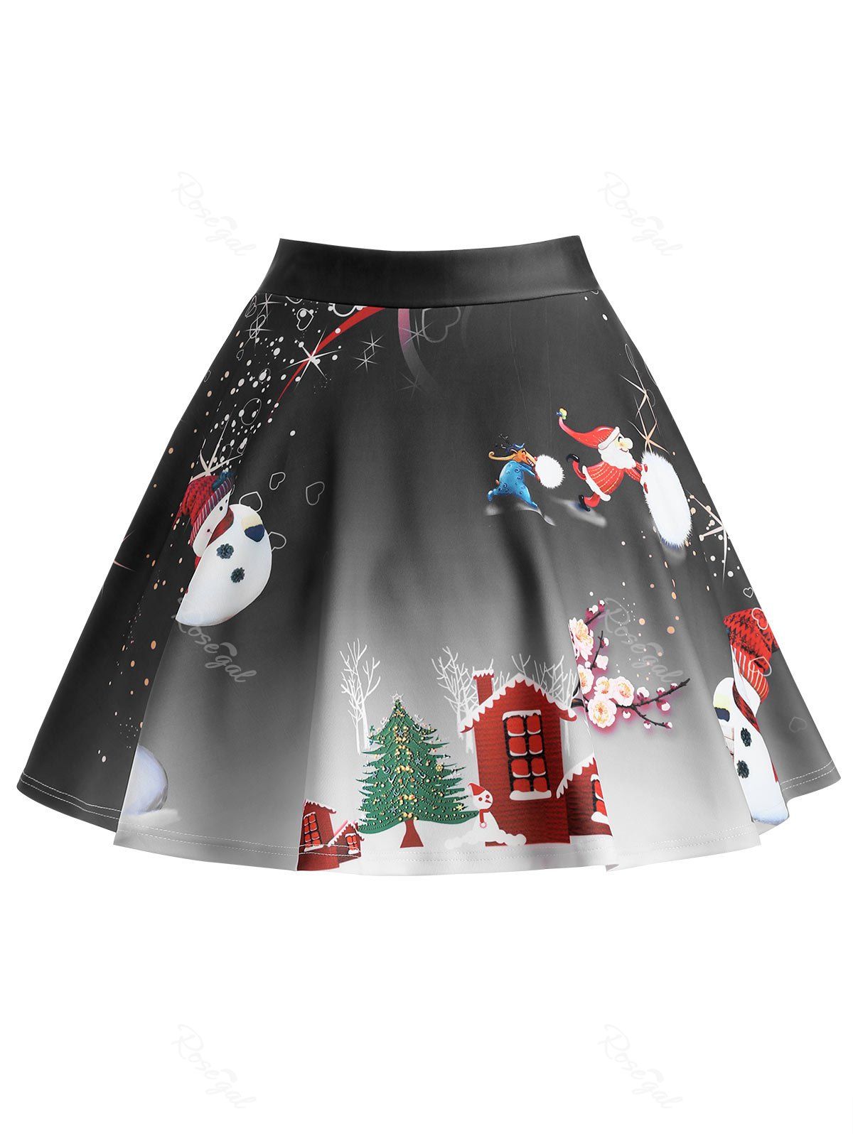 

Christmas Tree Snowman Wintersweet Print Ombre Plus Size Skirt, Black