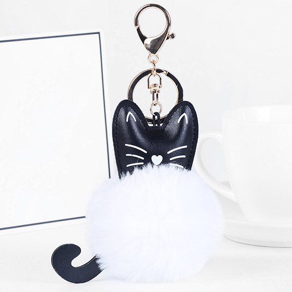 

Cute Faux Leather Fuzzy Ball Kitten Keychain, White