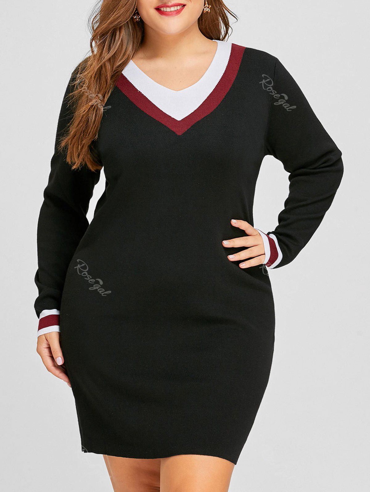 Plus Size Longline V Neck Sweater, Black