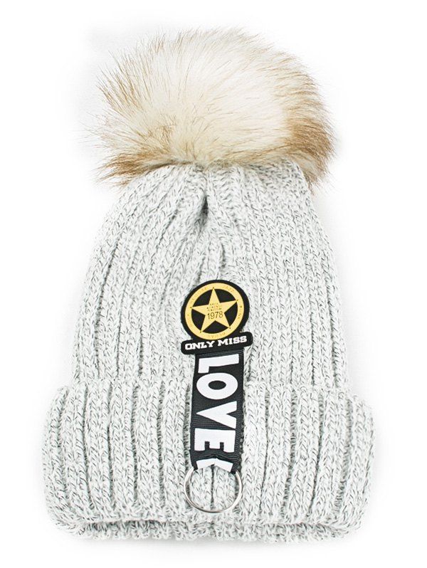 

Letter and Star Decorated Flanging Knitted Pom Beanie, Light gray