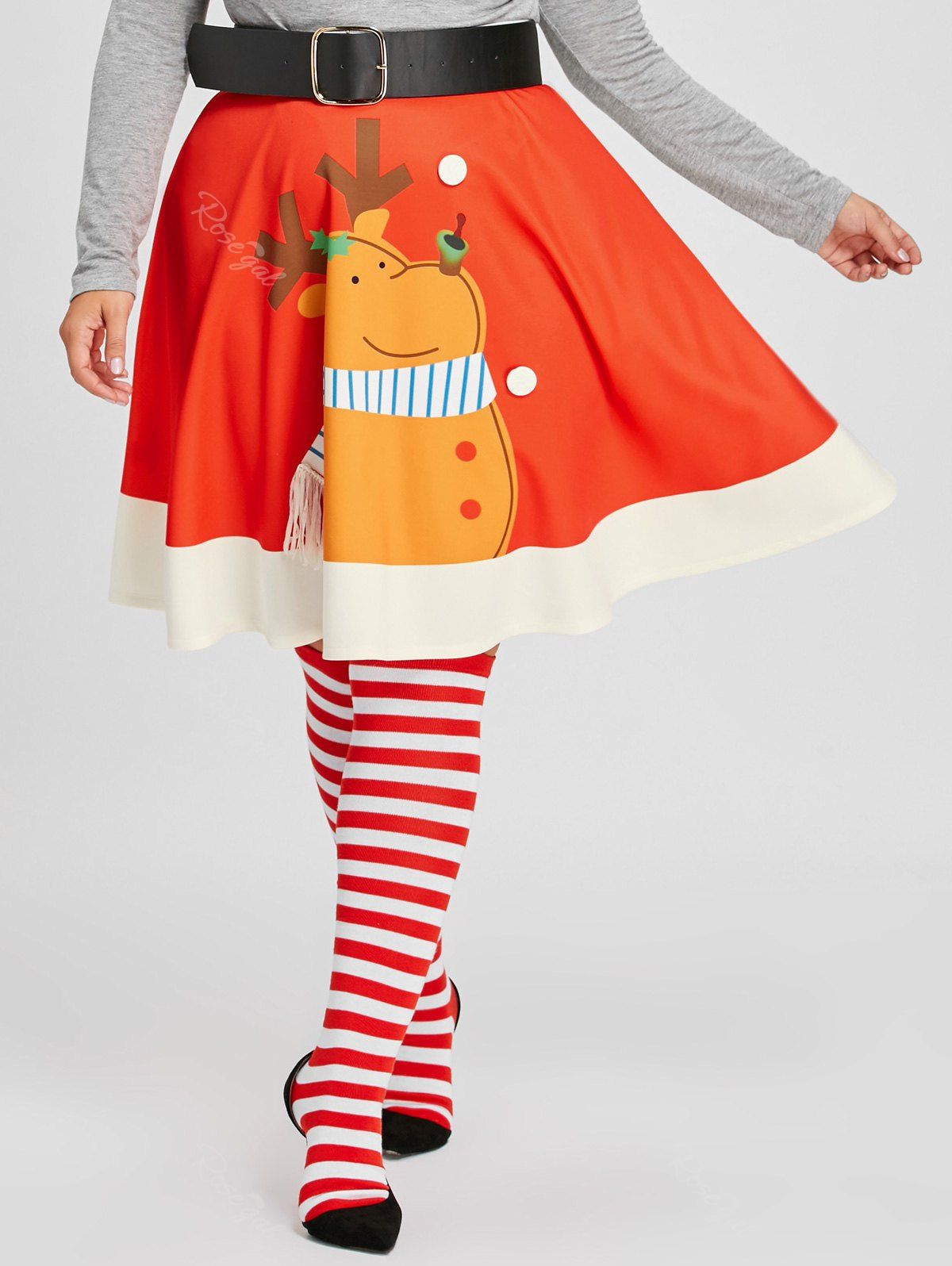 Christmas Elk Print High Waisted Skirt, Red with white