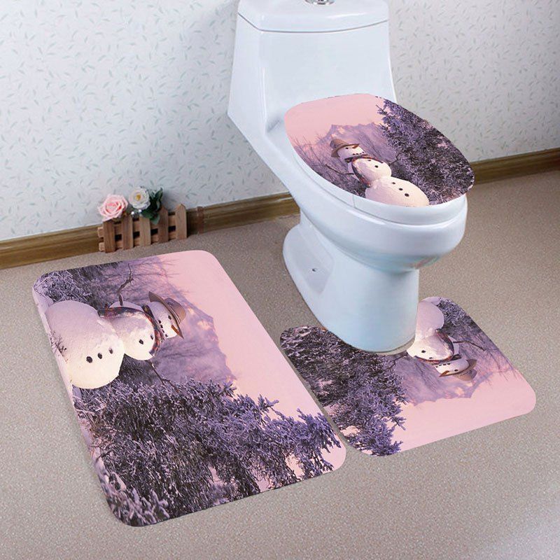 

Christmas Snowman and Pines Printed 3Pcs Bathroom Mats Set, Light pink