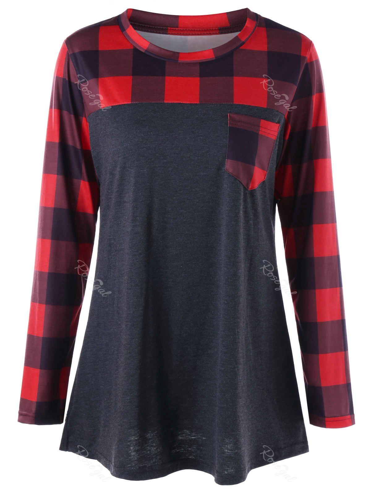 

Plus Size Patch Pocket Plaid Long Sleeve T-shirt, Red with black