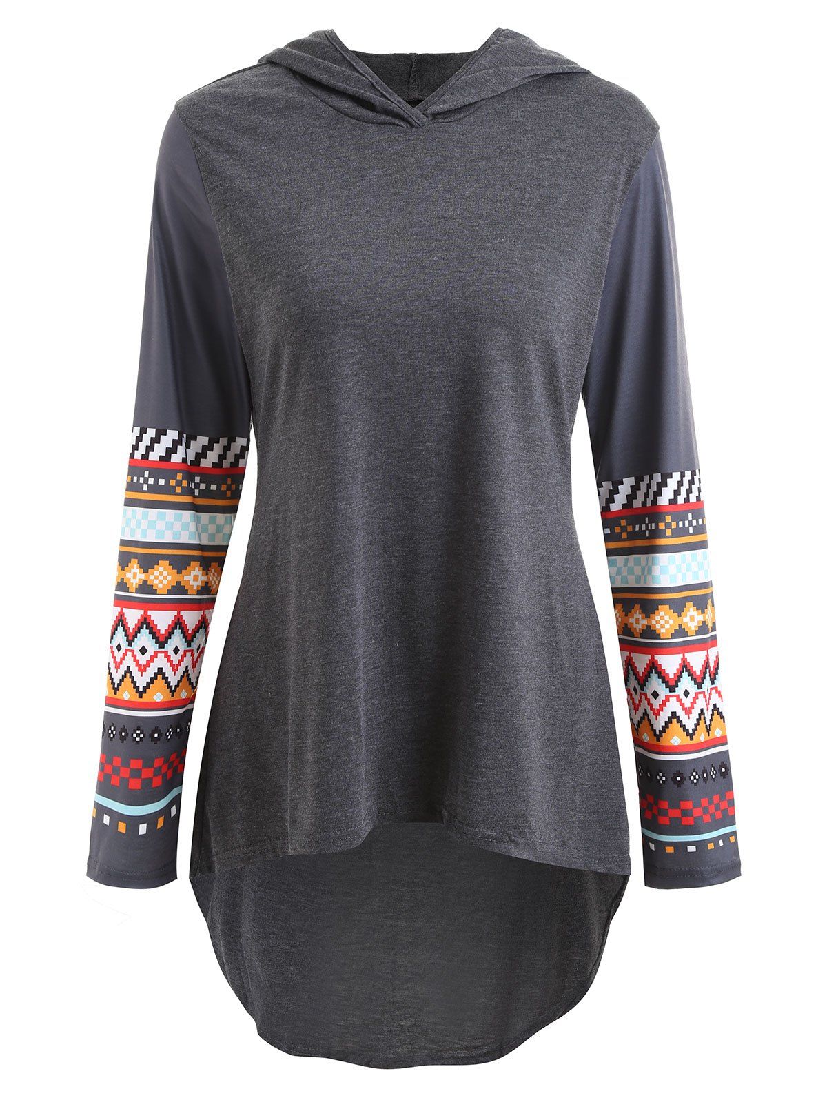 Sleeve Print High Low Hoodie, Gray