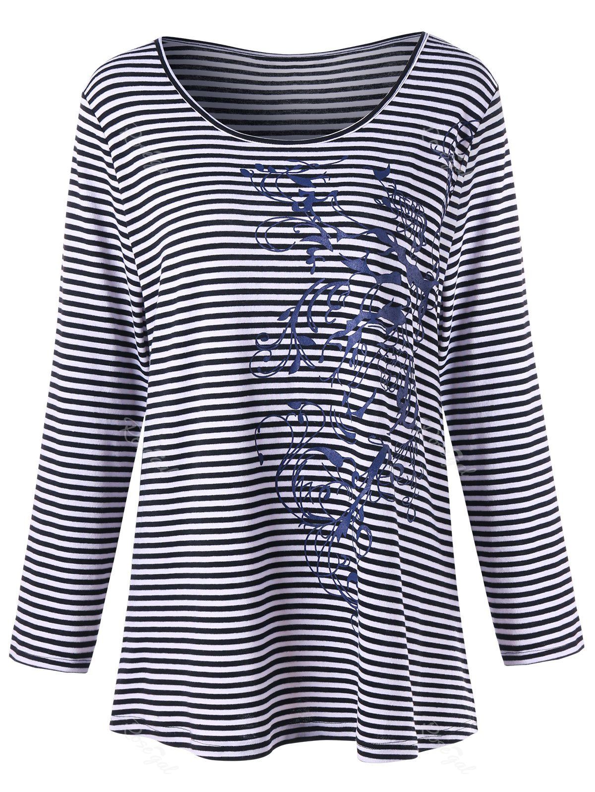 Striped Floral Print Plus Size Tee, Stripe