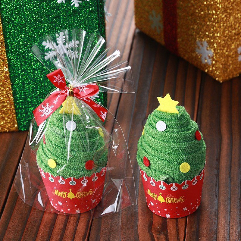 

Christmas Santa Snowman Tree Shape Cupcake Towel, Green