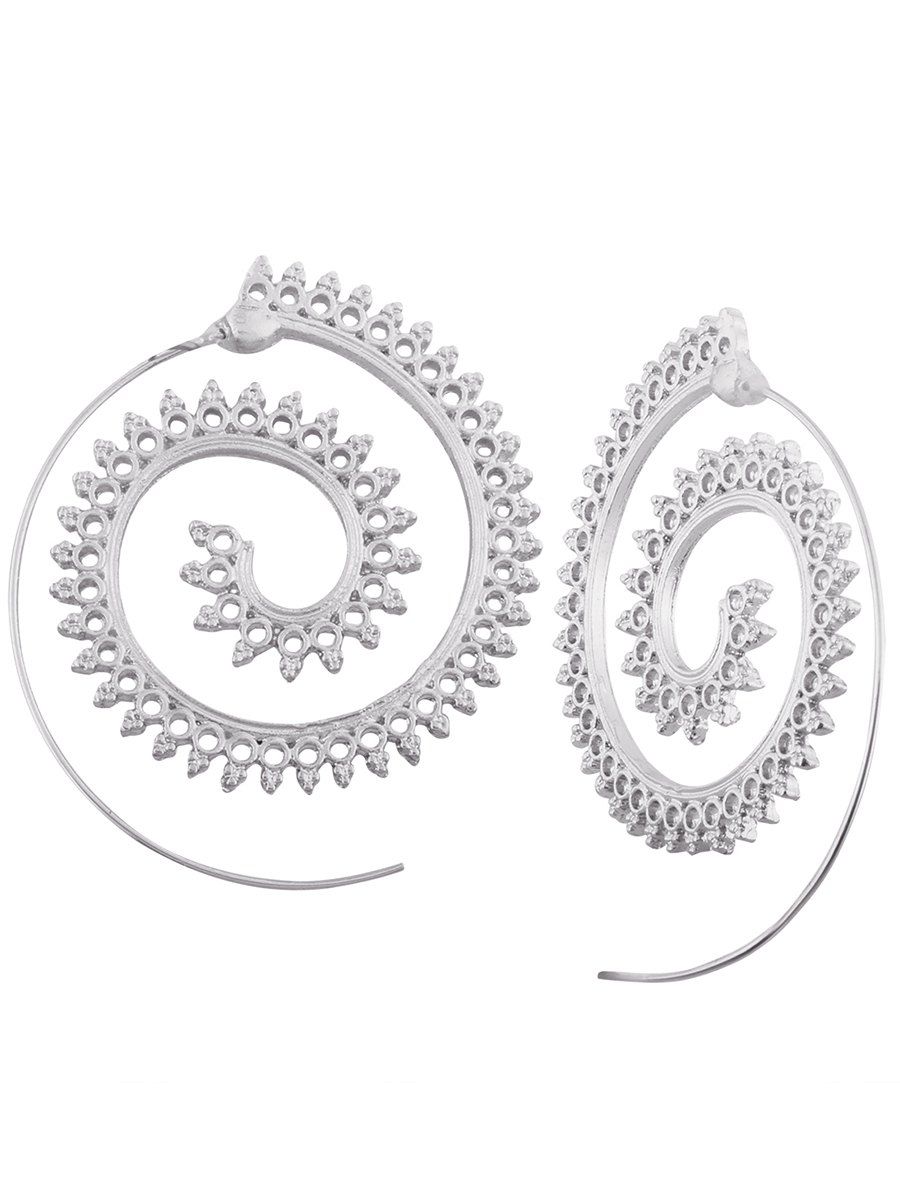 

Vintage Hollow Out Embellished Tribal India Spiral Stud Earrings, Silver