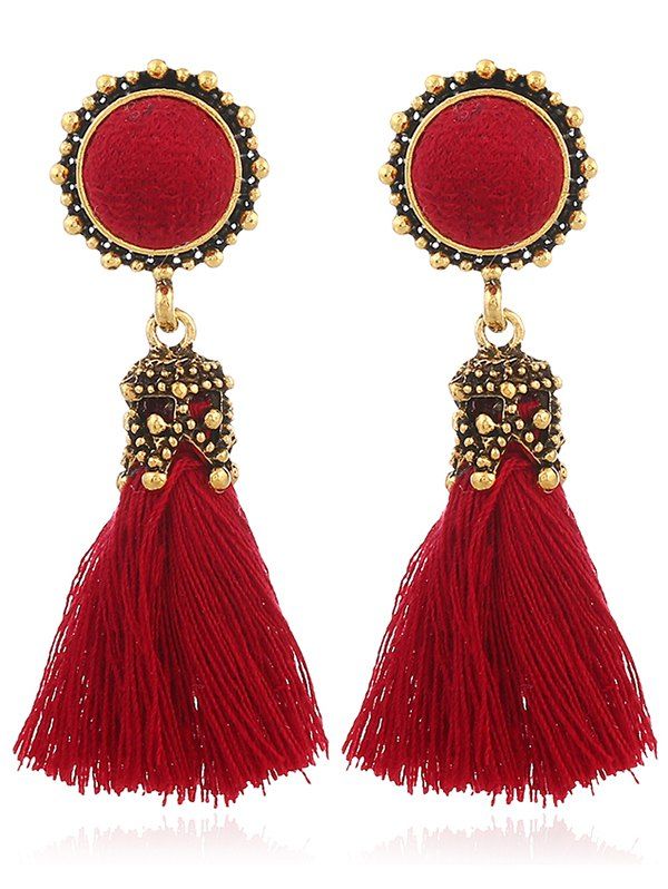 

Vintage Tassel Pompon Drop Earrings, Red