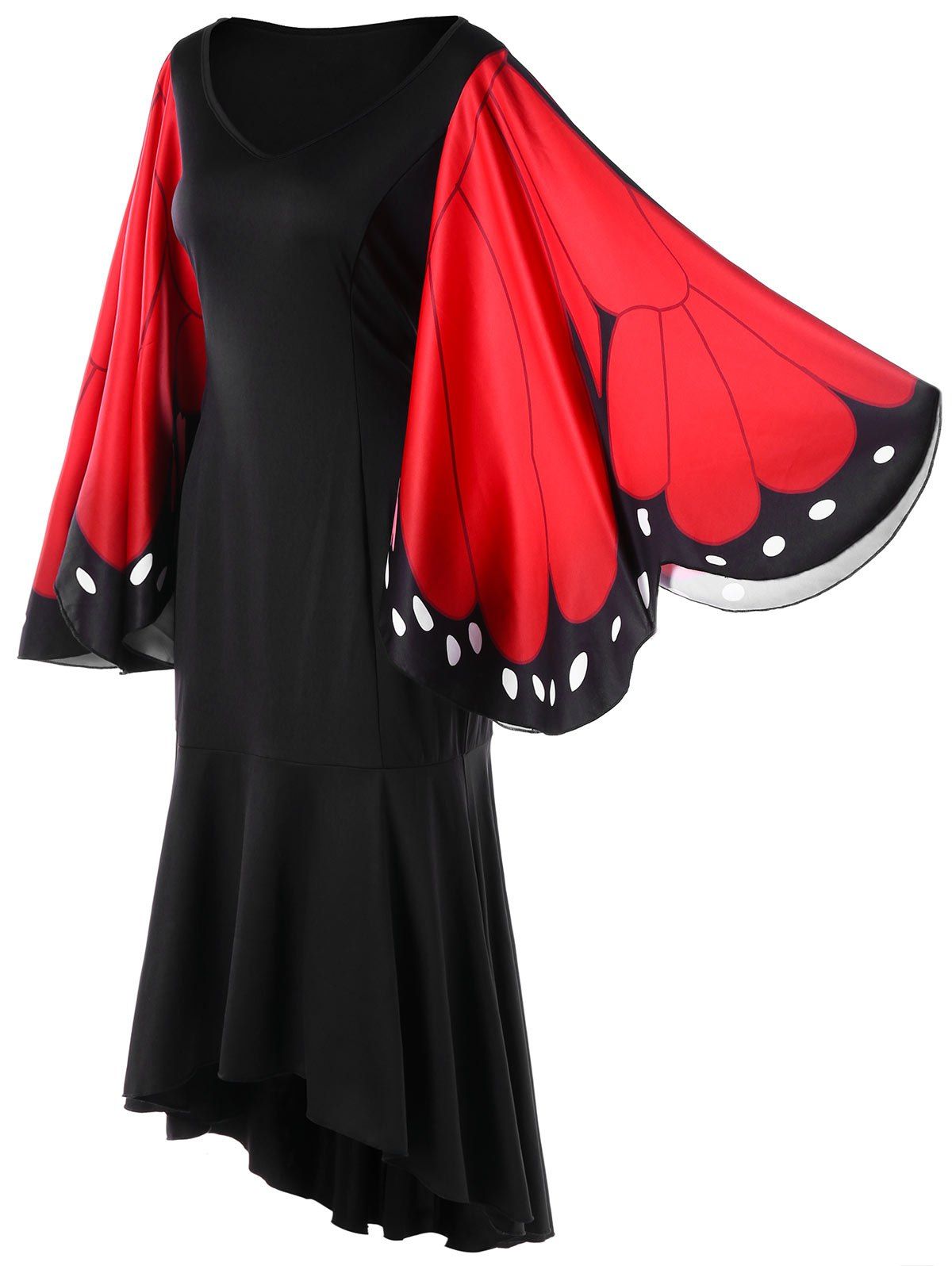 Butterfly Print Flare Sleeve Mermaid Dress, Red