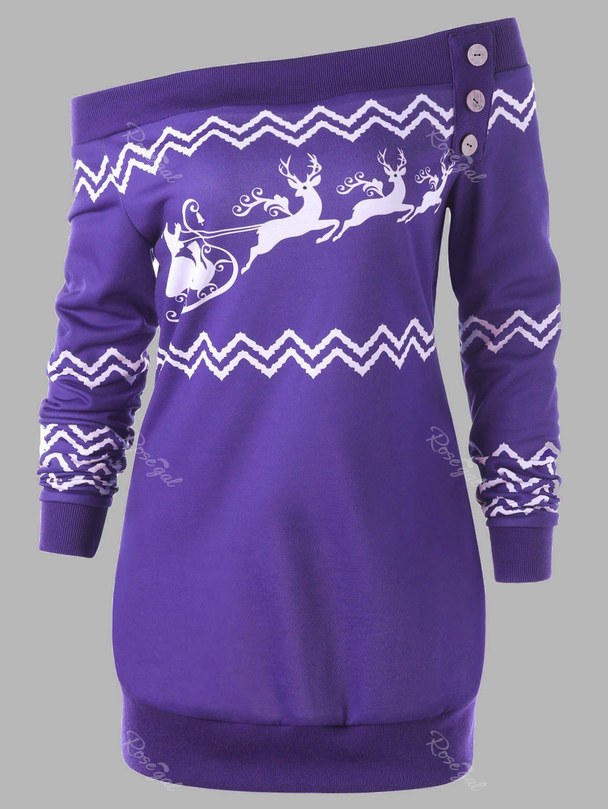 

Plus Size Pullover Christmas Zigzag Deer Skew Neck Sweatshirt, Purple