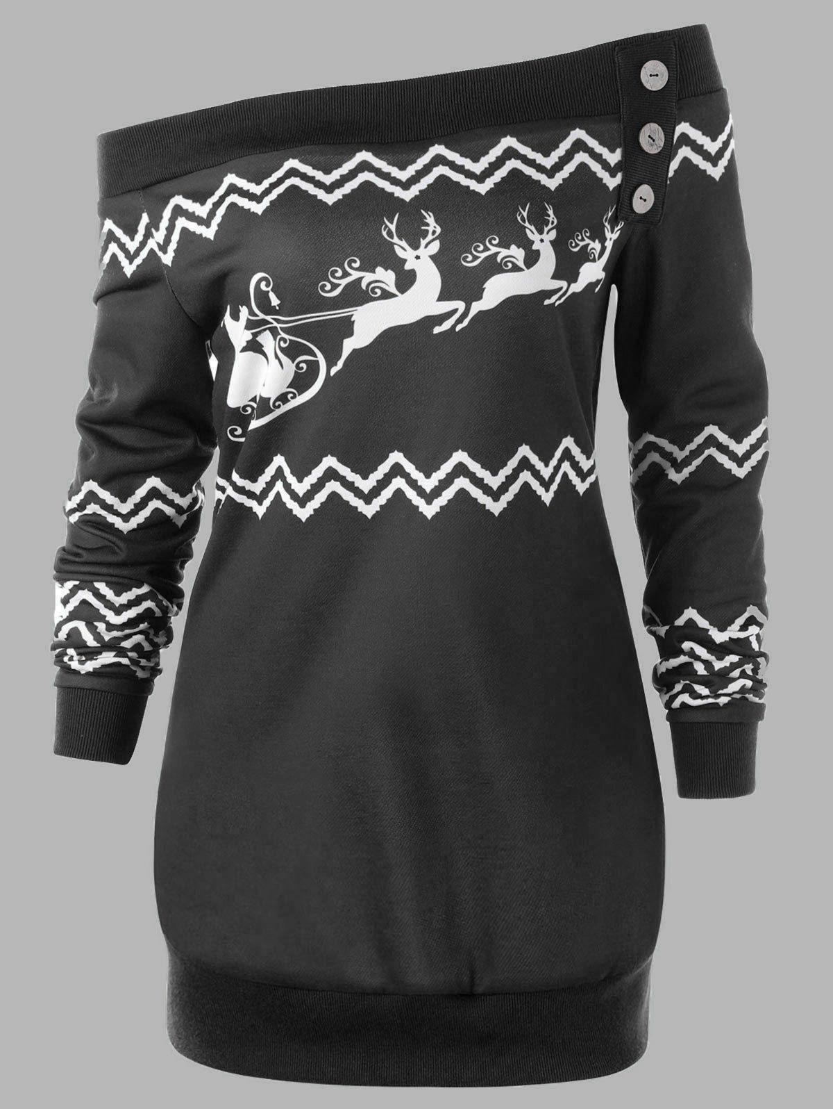 

Plus Size Pullover Christmas Zigzag Deer Skew Neck Sweatshirt, Black