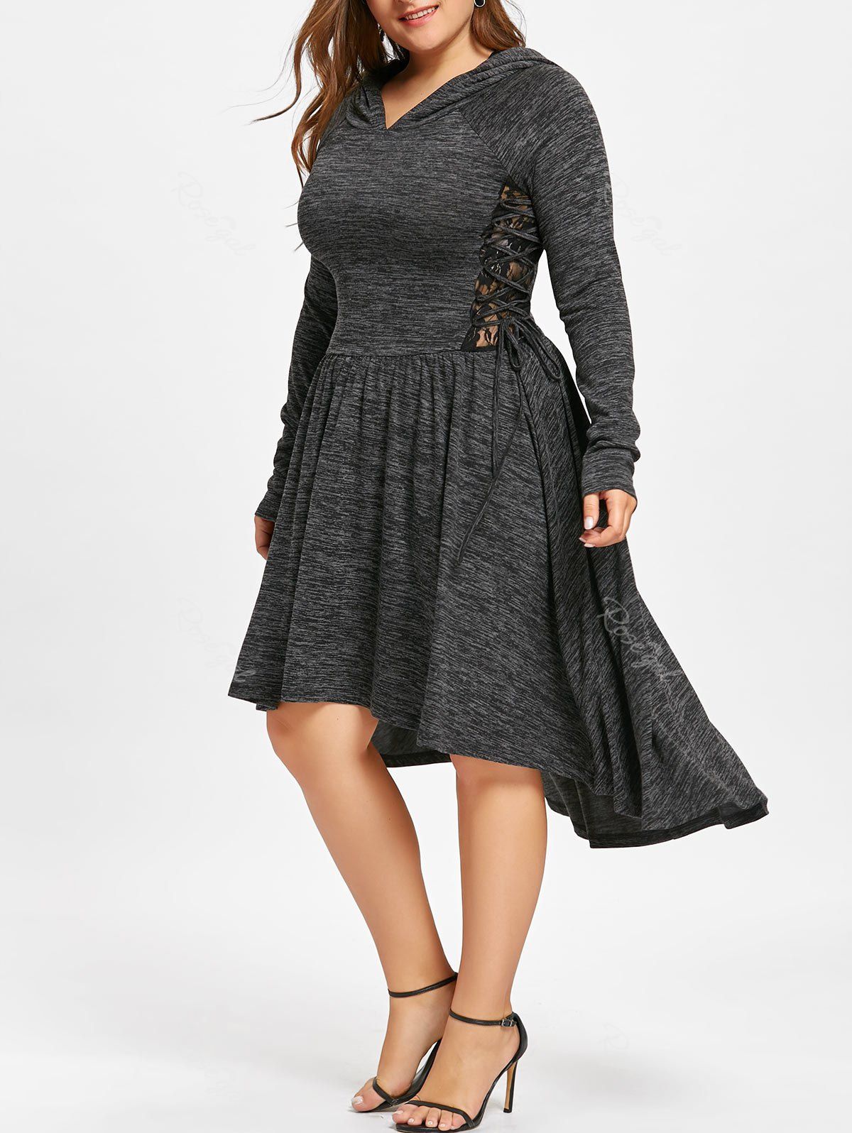Plus Size Lace Up Hooded Dip Hem Dress, Black
