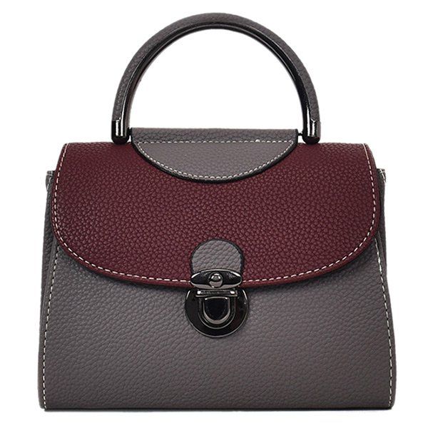 PU Leather Color Blocking Handbag With Strap, Gray