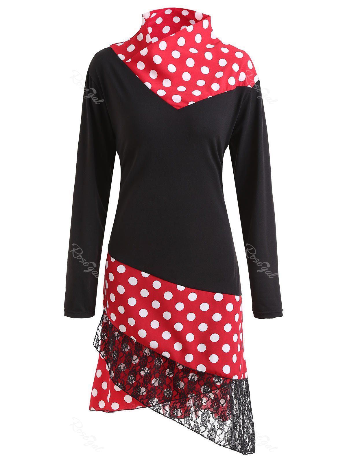 Lace Panel Polka Dot Asymmetrical Plus Size Dress, Black
Lace Panel Polka Dot Asymmetrical Plus Size Dress, Black