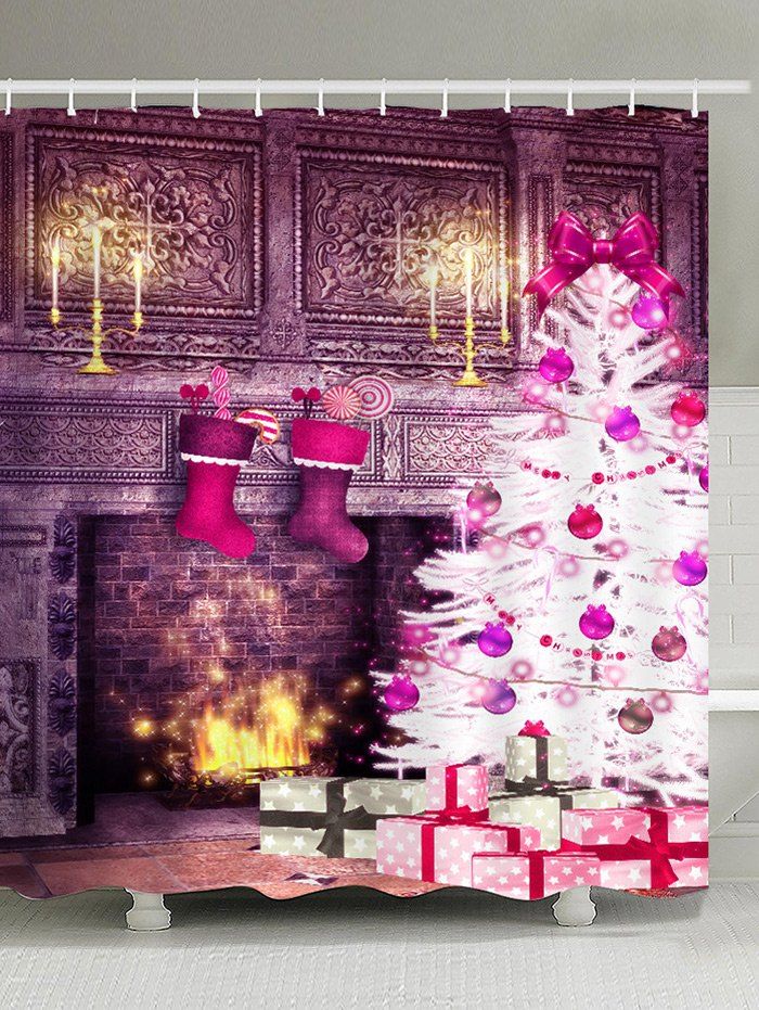 Waterproof Christmas Fireplace and Tree Printed Shower Curtain, Colorful