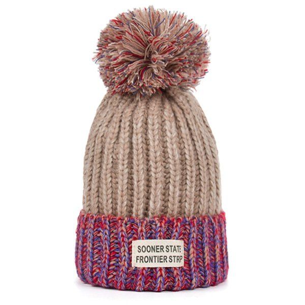 

Letter Label Embellished Flanging Knitted Pom Beanie, Peony pink