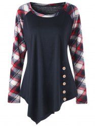 27 OFF Plus Size Raglan Sleeve Plaid Panel Asymmetric Top Rosegal