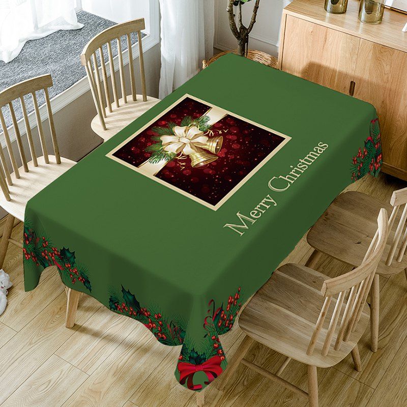 Merry Christmas Bell Print Fabric Waterproof Table Cloth, Green