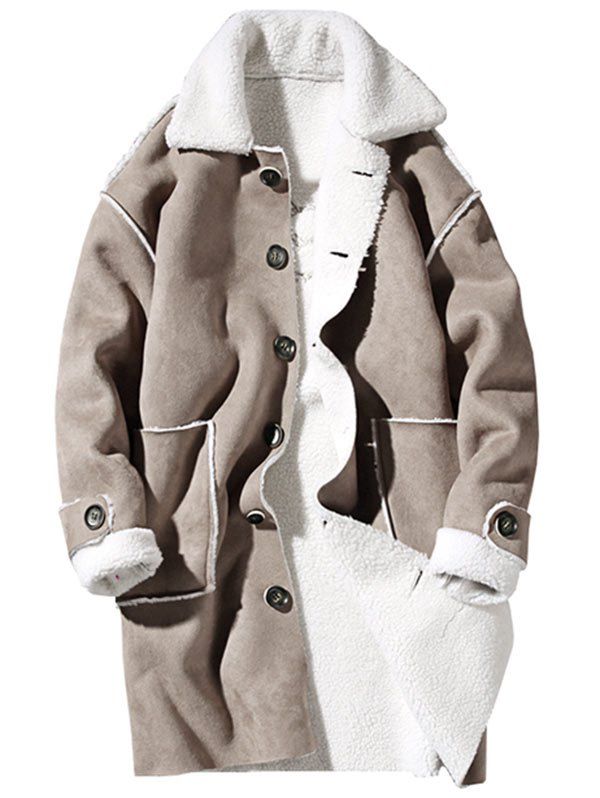 Borg Collar Shearling Coat with Embroidery, Khaki