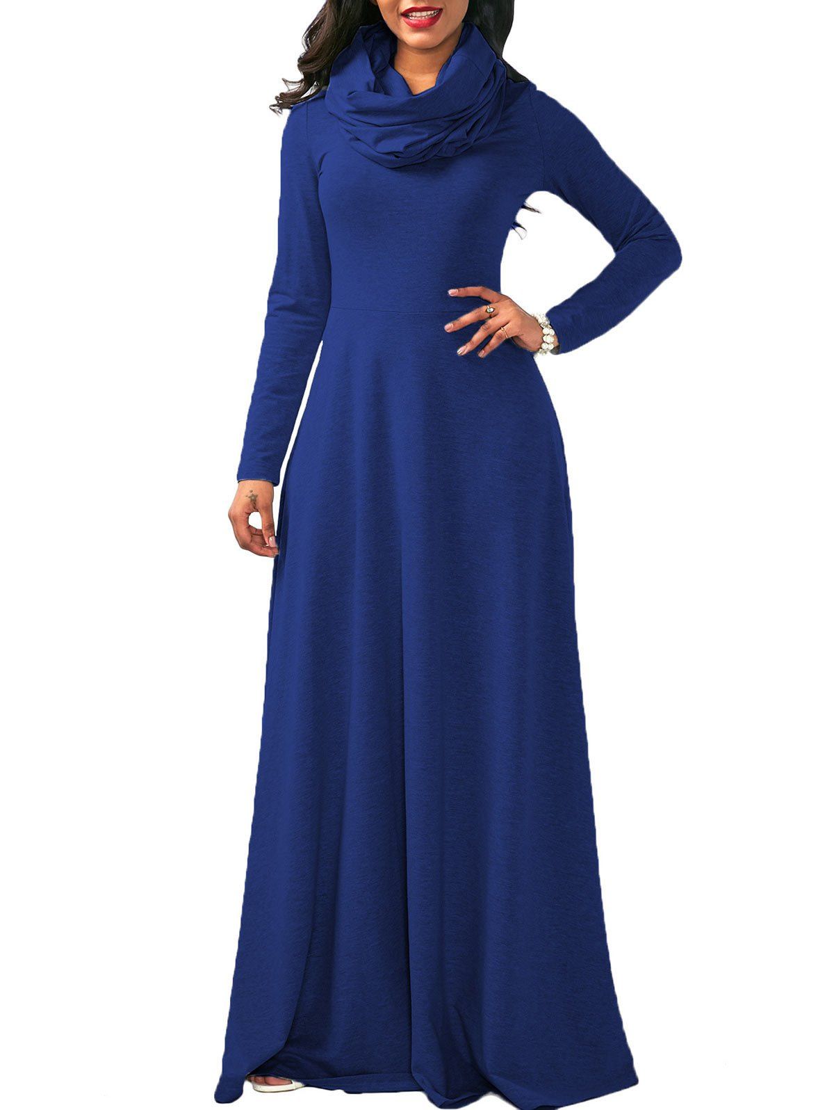 Maxi Long Sleeve Cowl Neck Dress, Blue