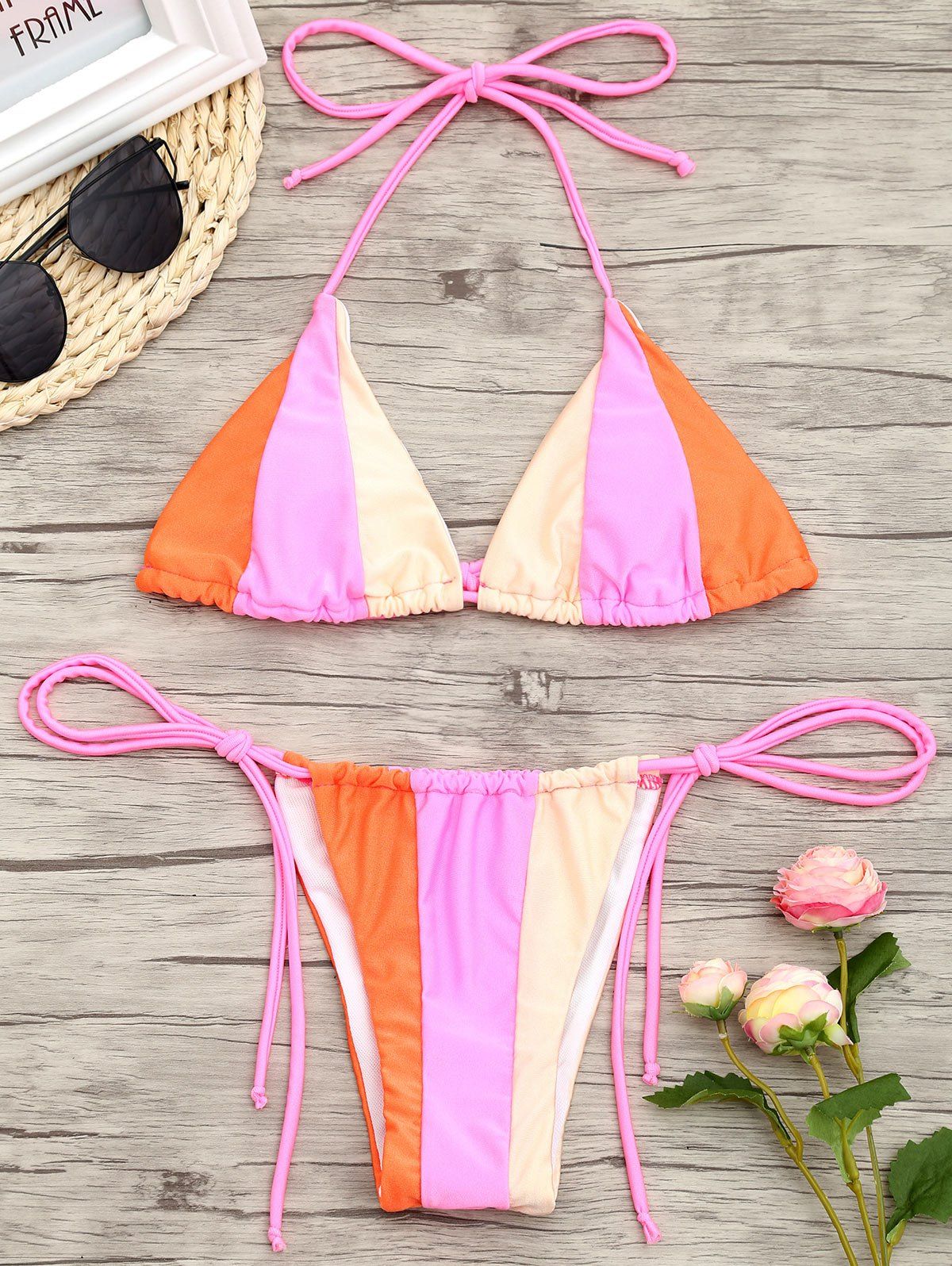 OFF String Color Block Low Waisted Bikini Set Rosegal