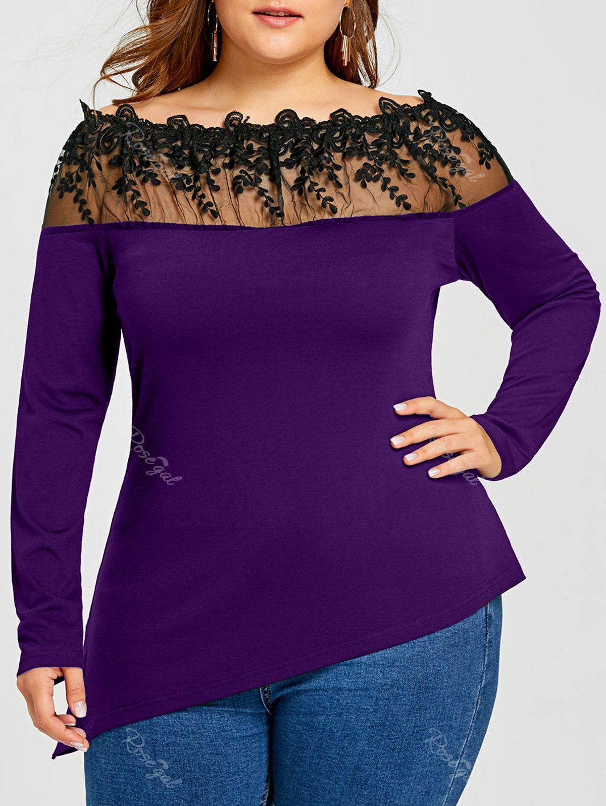 

Plus Size Long Sleeve Sheer Embroidered Asymmetric T-shirt, Deep purple