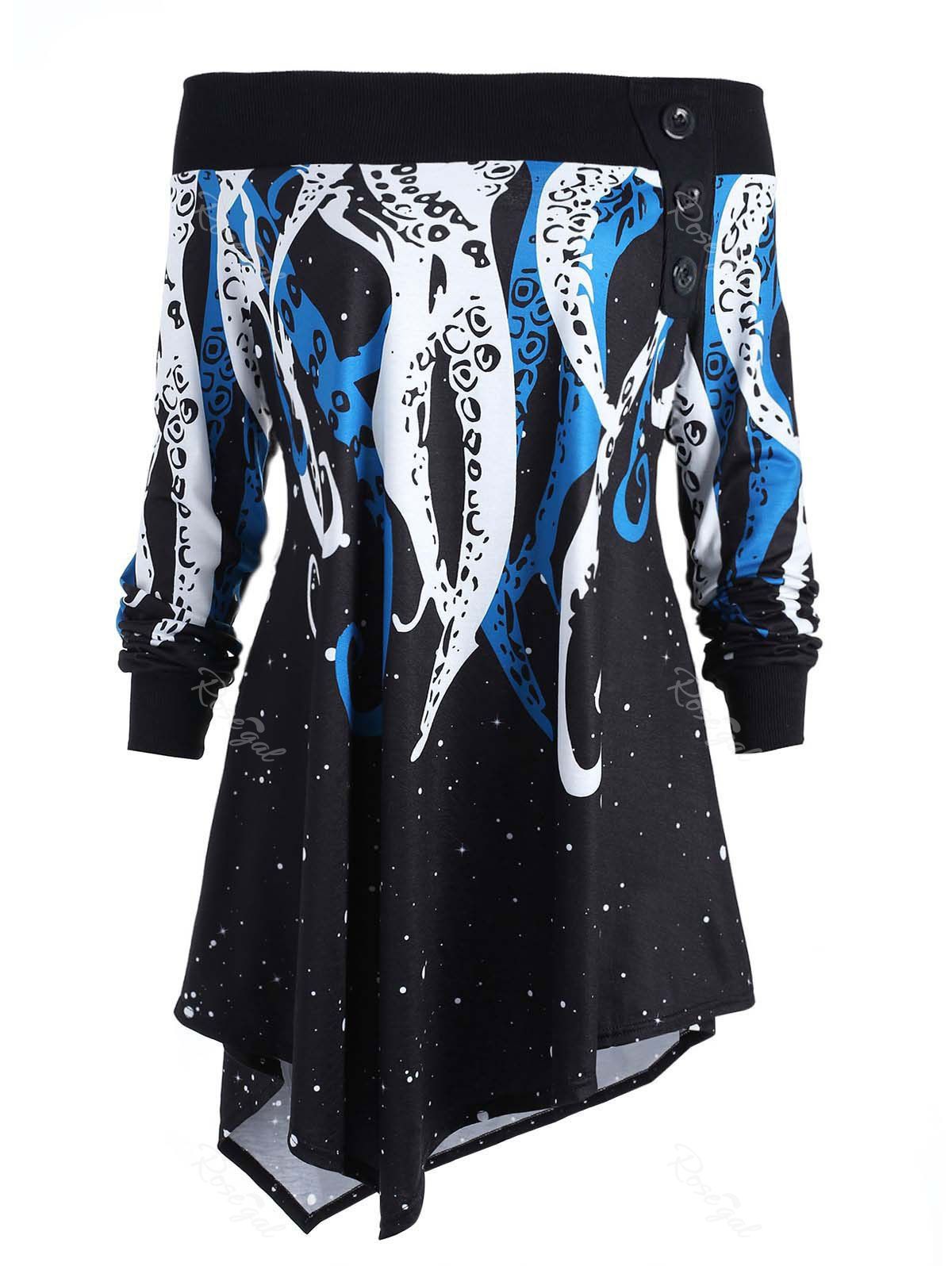 Octopus Claw Print Plus Size Off Shoulder Blouse, Black
