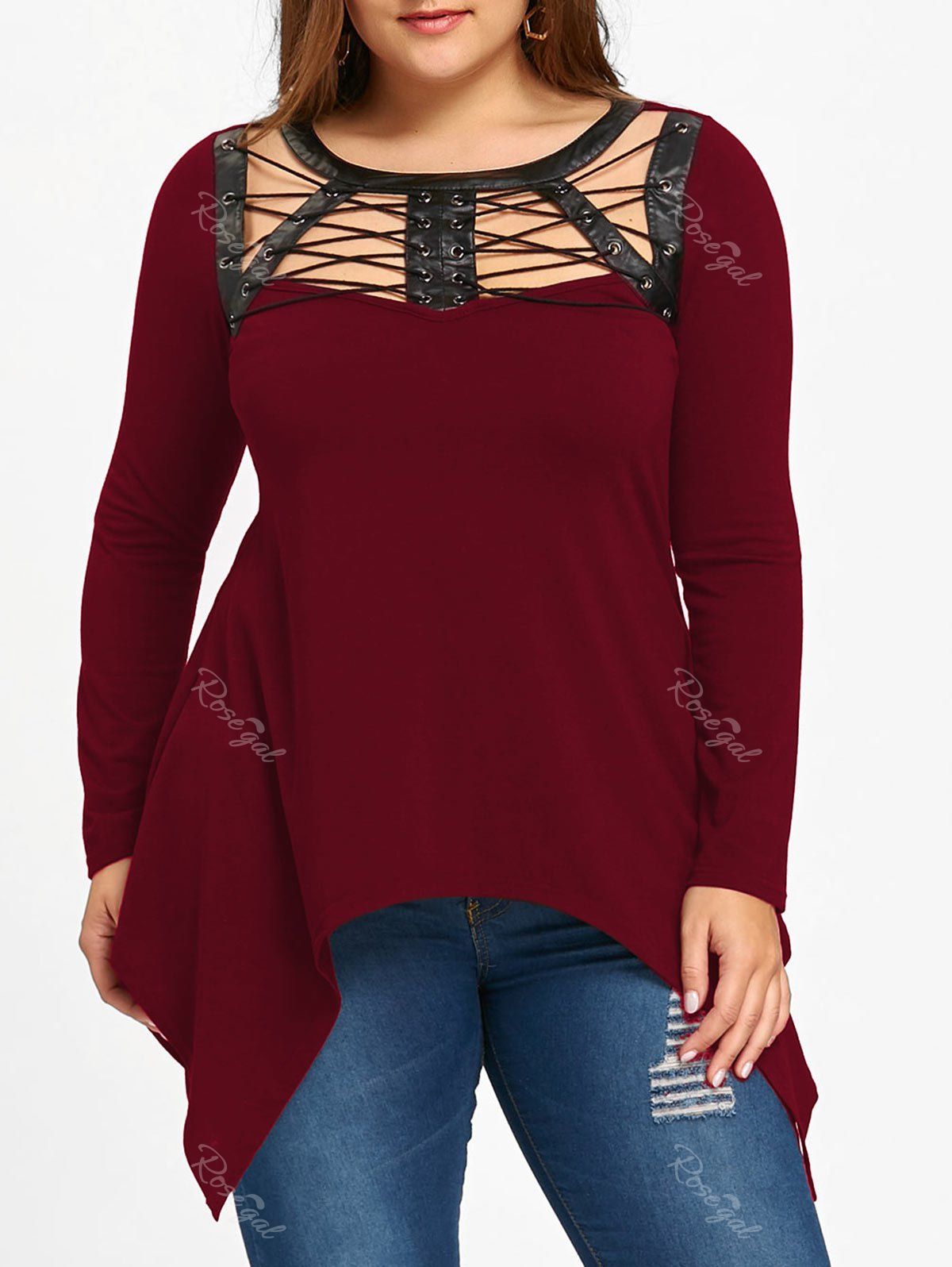 Plus Size PU Leather Panel Lace Up Top, Wine red