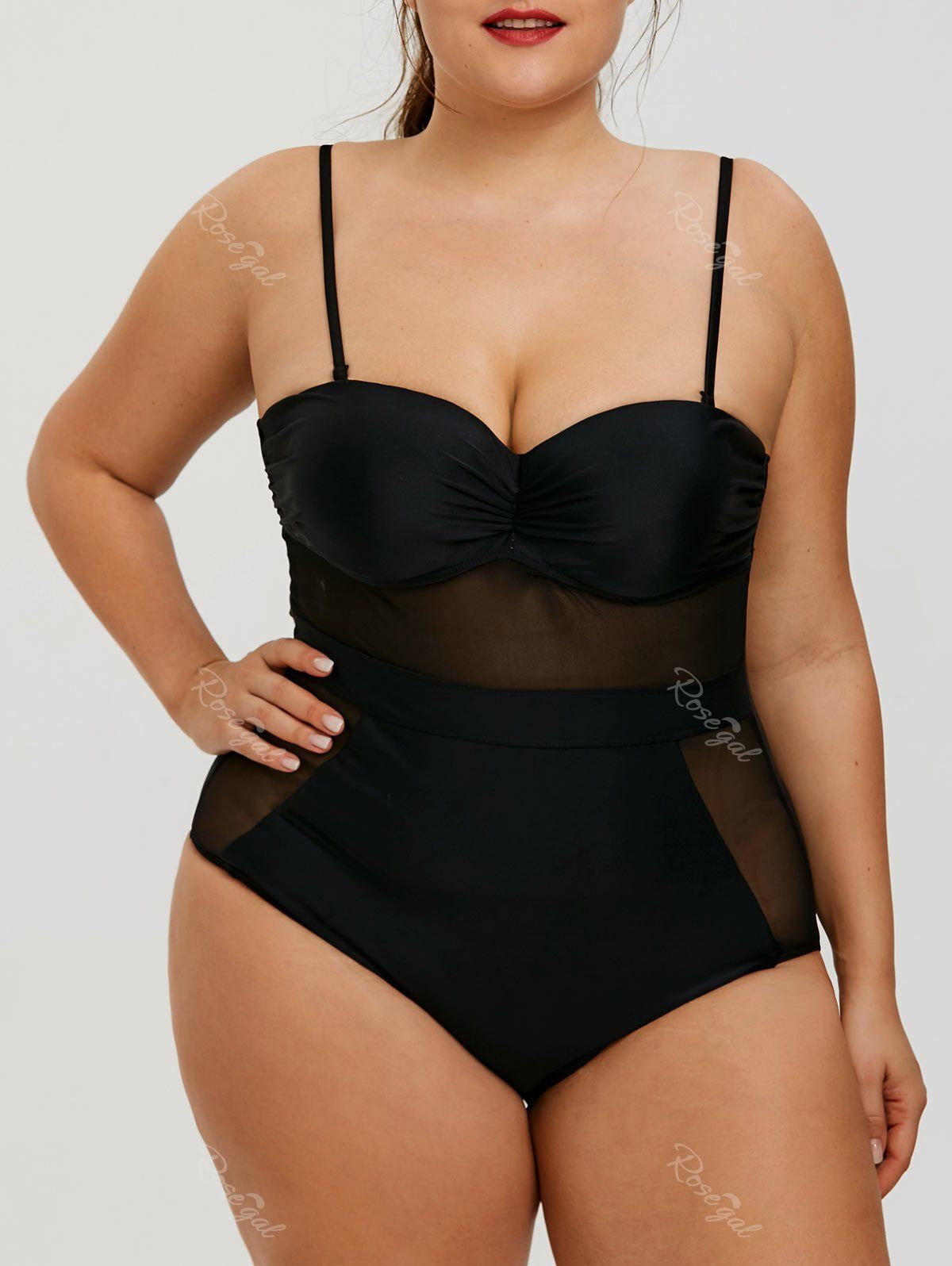 OFF One Piece Mesh Insert Plus Size Swimsuit Rosegal