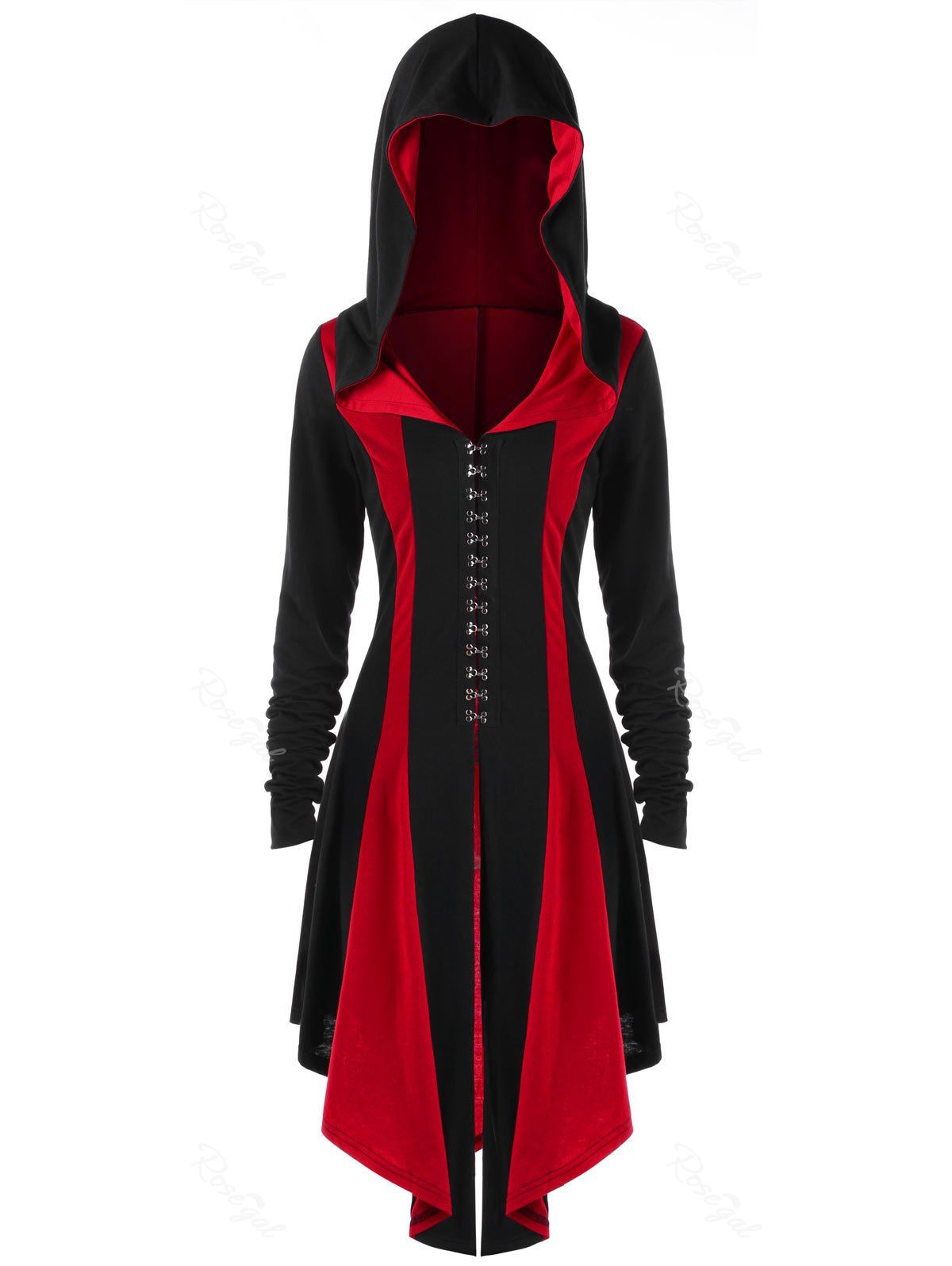 Plus Size Two Tone Hooded Coat, Black&red