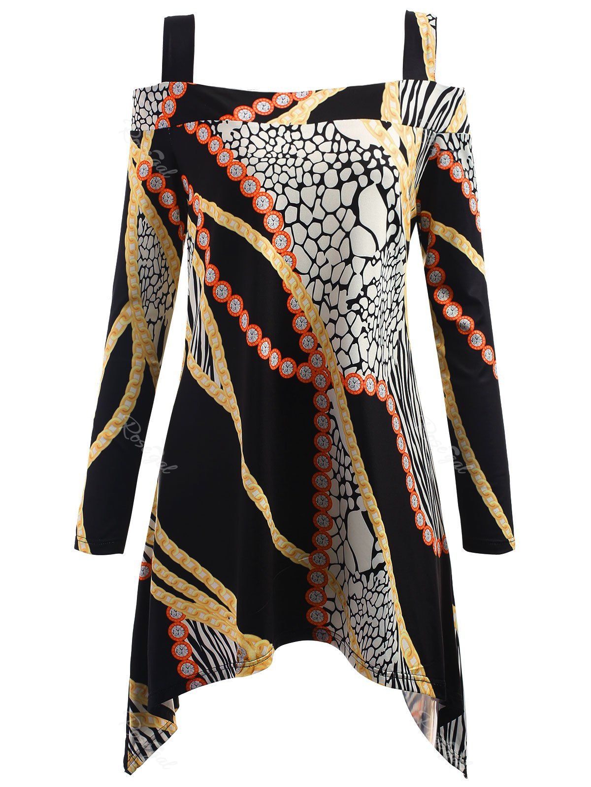 Plus Size Cold Shoulder Print Asymmetric Top, Black