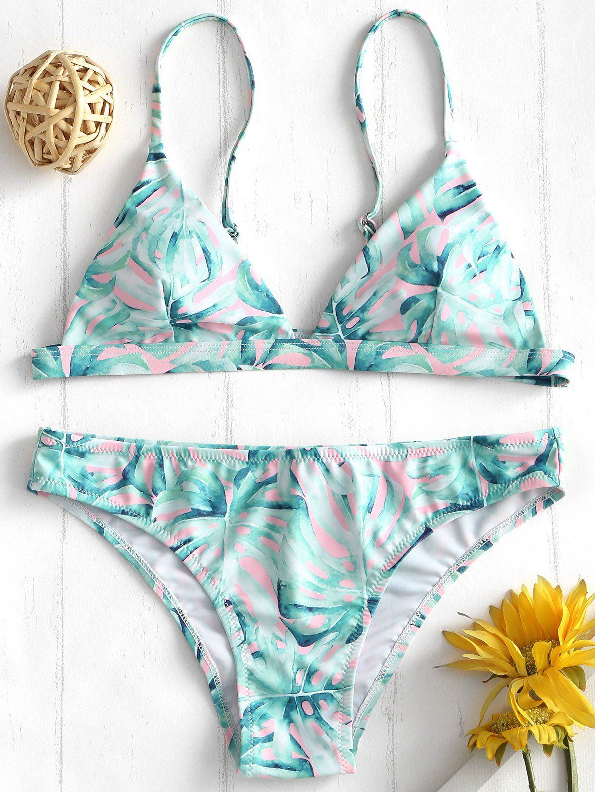 Micro Leaves Print Bikini Set, Light green