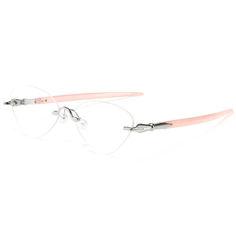 

Rimless Straight Legs Cat Eye Sunglasses, Pink and white