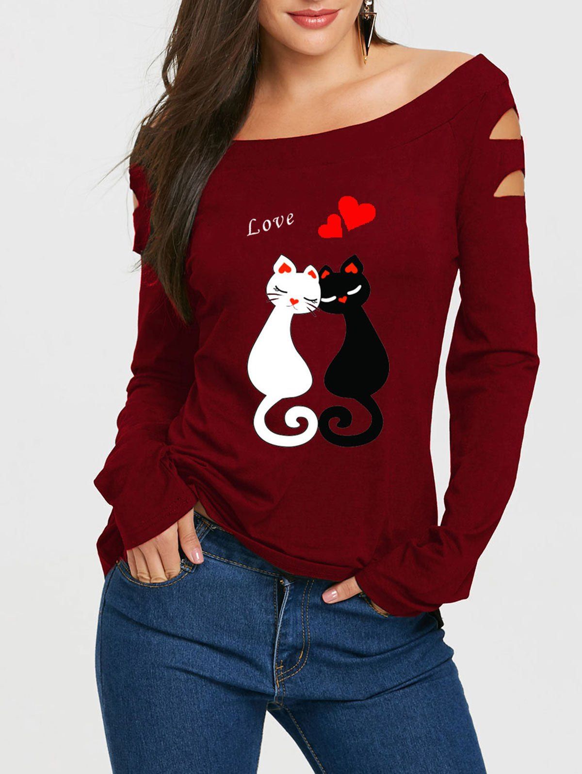 Valentine Cat Heart Print Ripped T-shirt, Wine red
Valentine Cat Heart Print Ripped T-shirt, Wine red