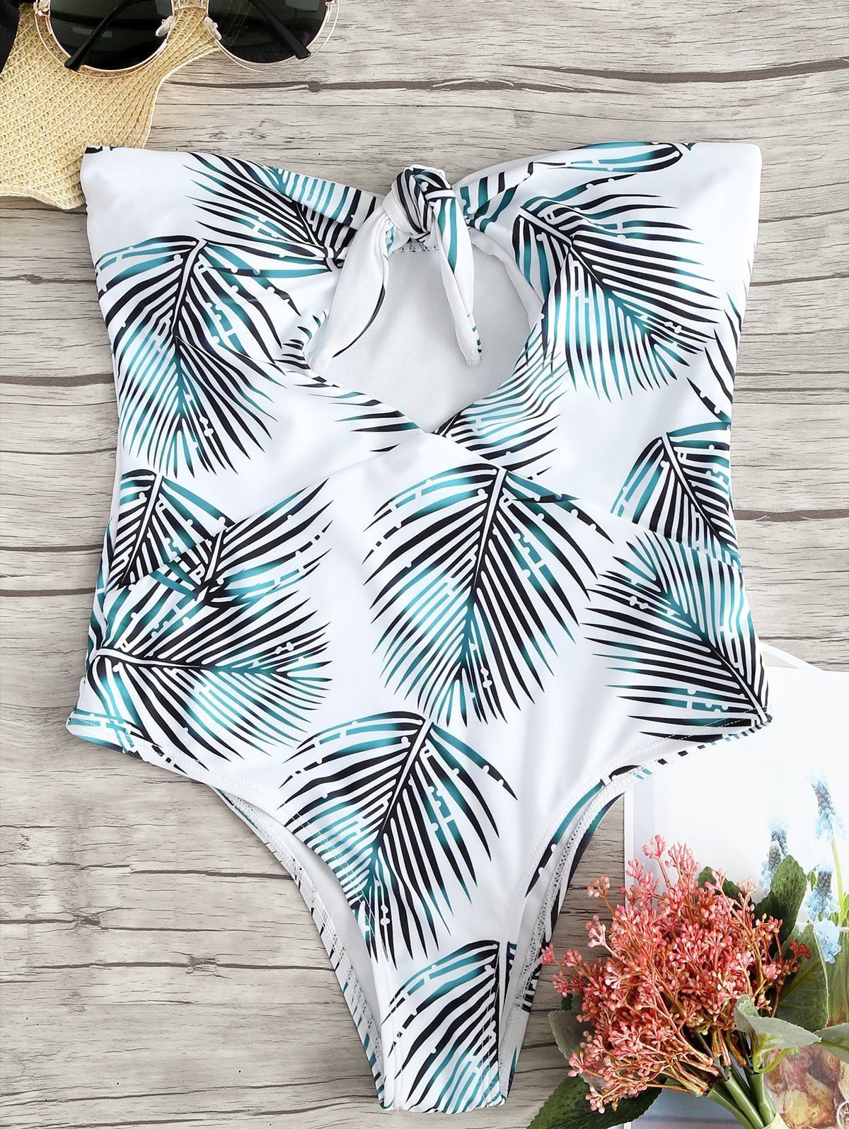 Leaves Print Bandeau High Cut Swimsuit, White