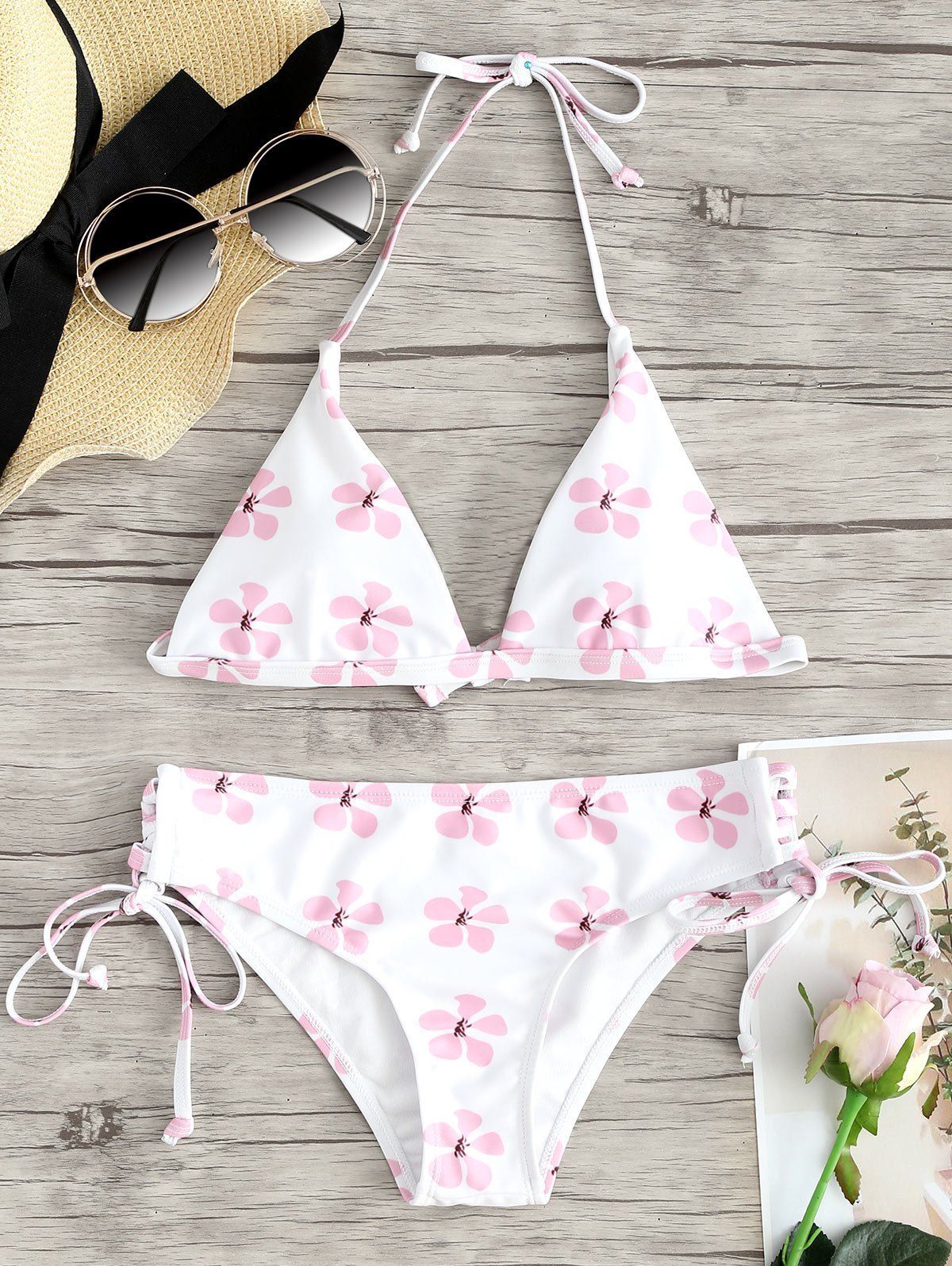 Floral Bralette Micro Bikini Set, Pink