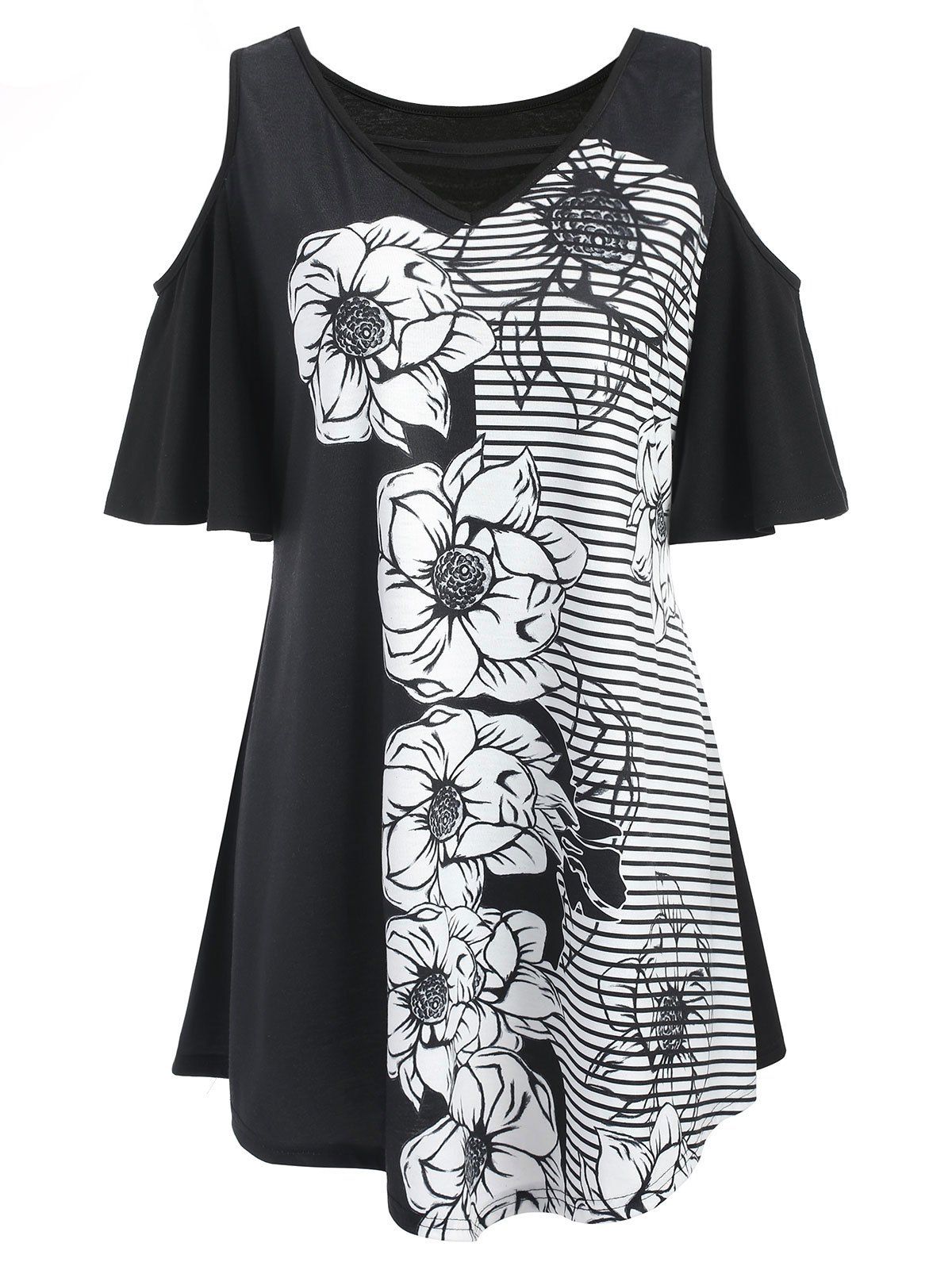 Flower Stripe Print Plus Size Tunic T-shirt, White and black