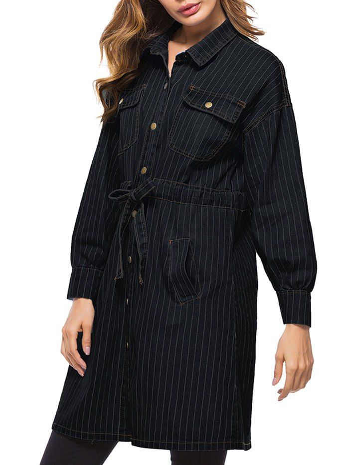 Pockets Stripe Denim Long Jacket, Black