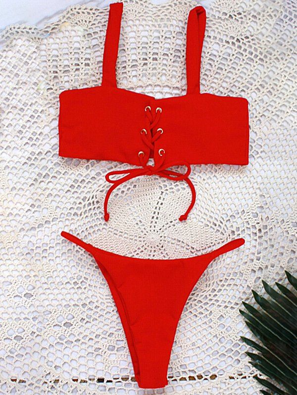 OFF Ribbed Straps Thongs Bikini Set Rosegal