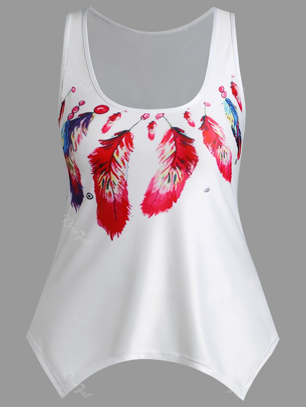 Plus Size Feather Print Hanky Hem Tank Top, Peach red