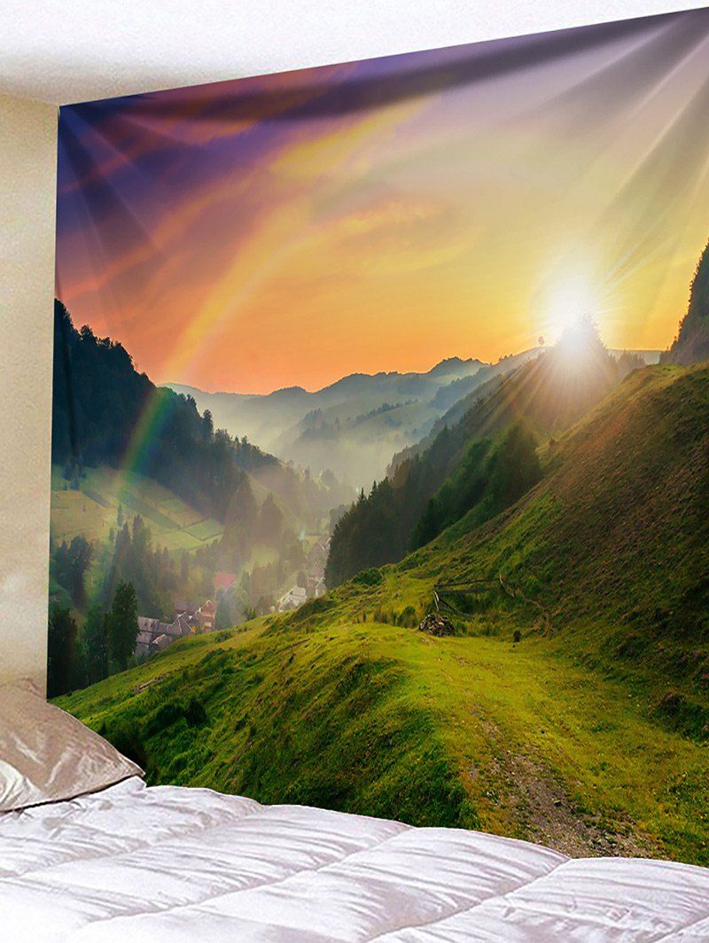 Sunrise Mountain Village Print Wall Hanging Tapestry, Green