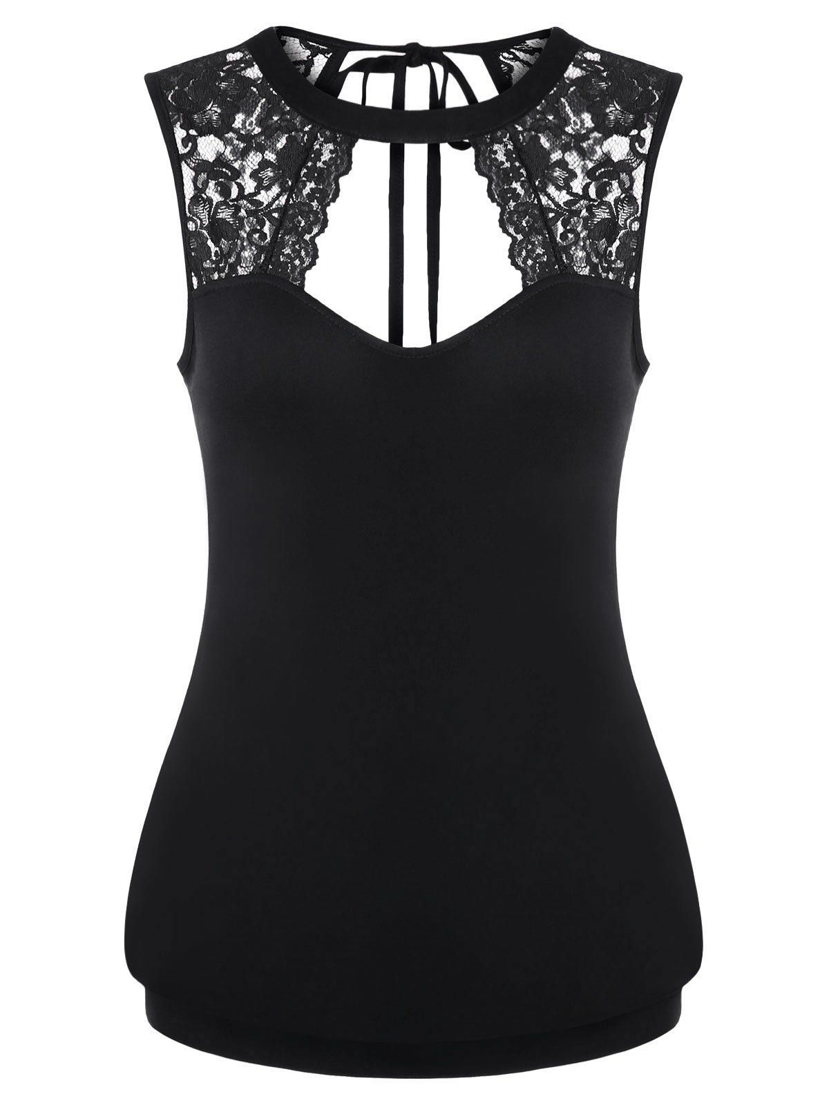 Lace Panel Open Back Tank Top, Black