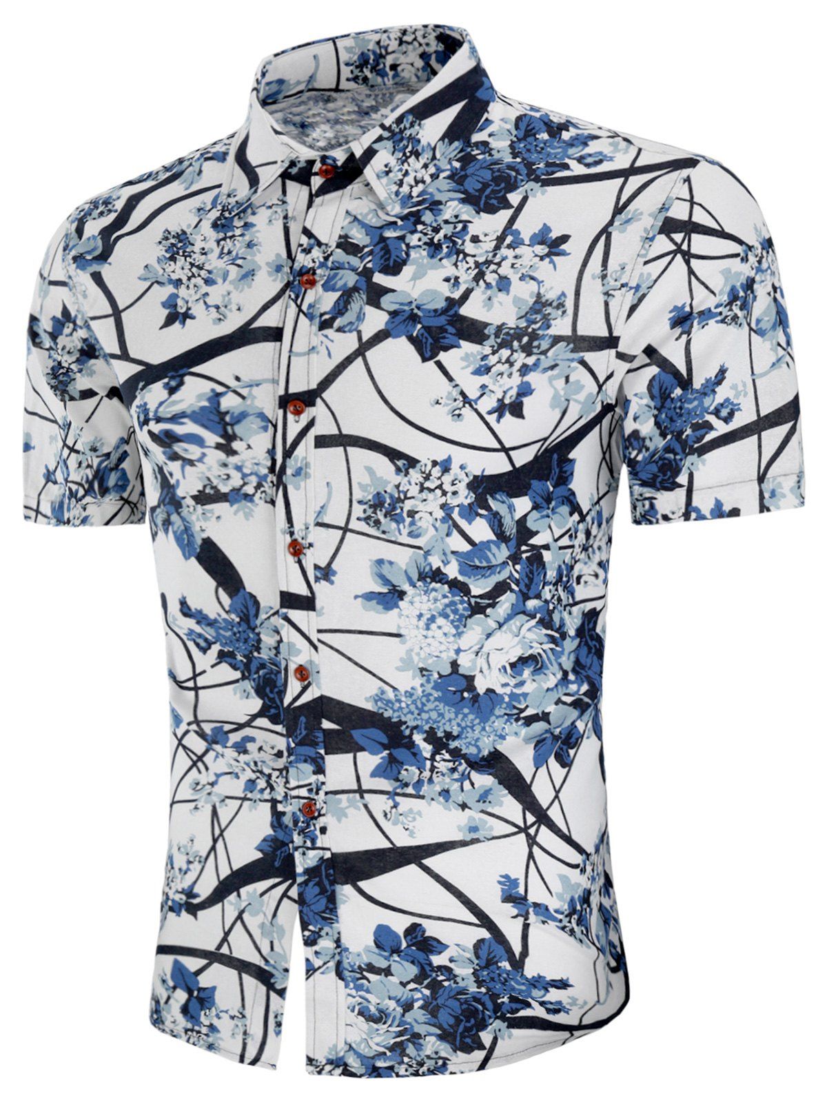 Chinese Style Flower Tree Print Short Sleeve Shirt, Multi