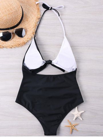 

Color Block One-piece Halter Neckline Swimwear, White and black