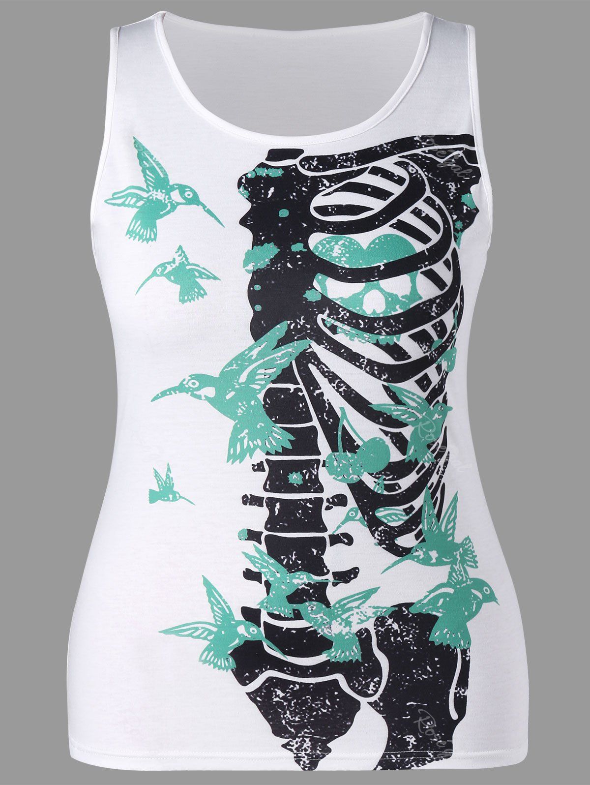 Plus Size Skeleton and Bird Print Tank Top, White