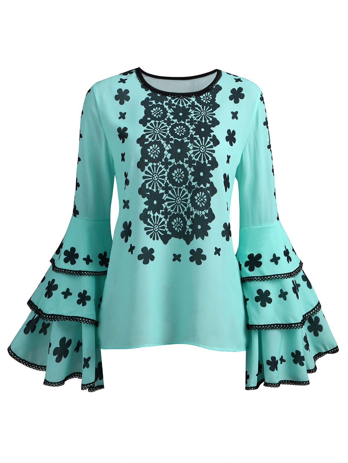 Lace Print Long Sleeve Blouse, Light blue