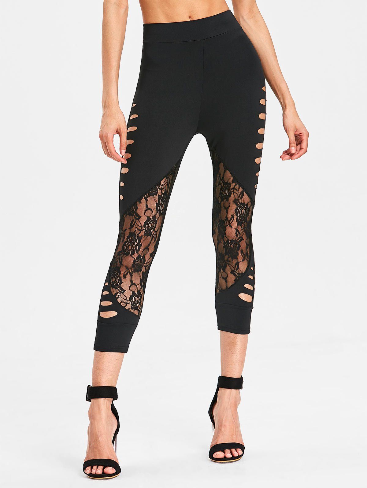 High Waisted Lace Panel Leggings, Black