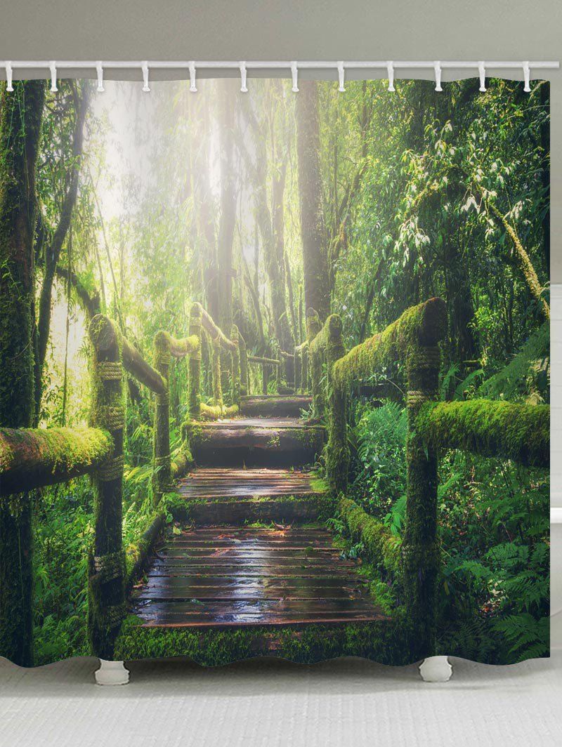 Wood Bridge Tropical Rain Forest Print Shower Curtain, Medium spring green